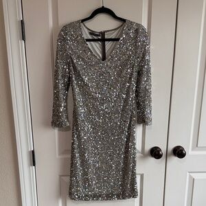 MARINA Glittering Silver Long Sleeve Dress